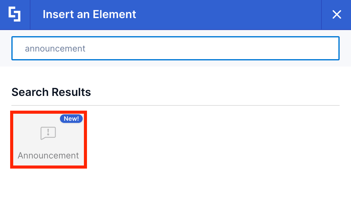 Searching for and selecting the Announcement Design Element inside the ShortPoint Insert an Element panel