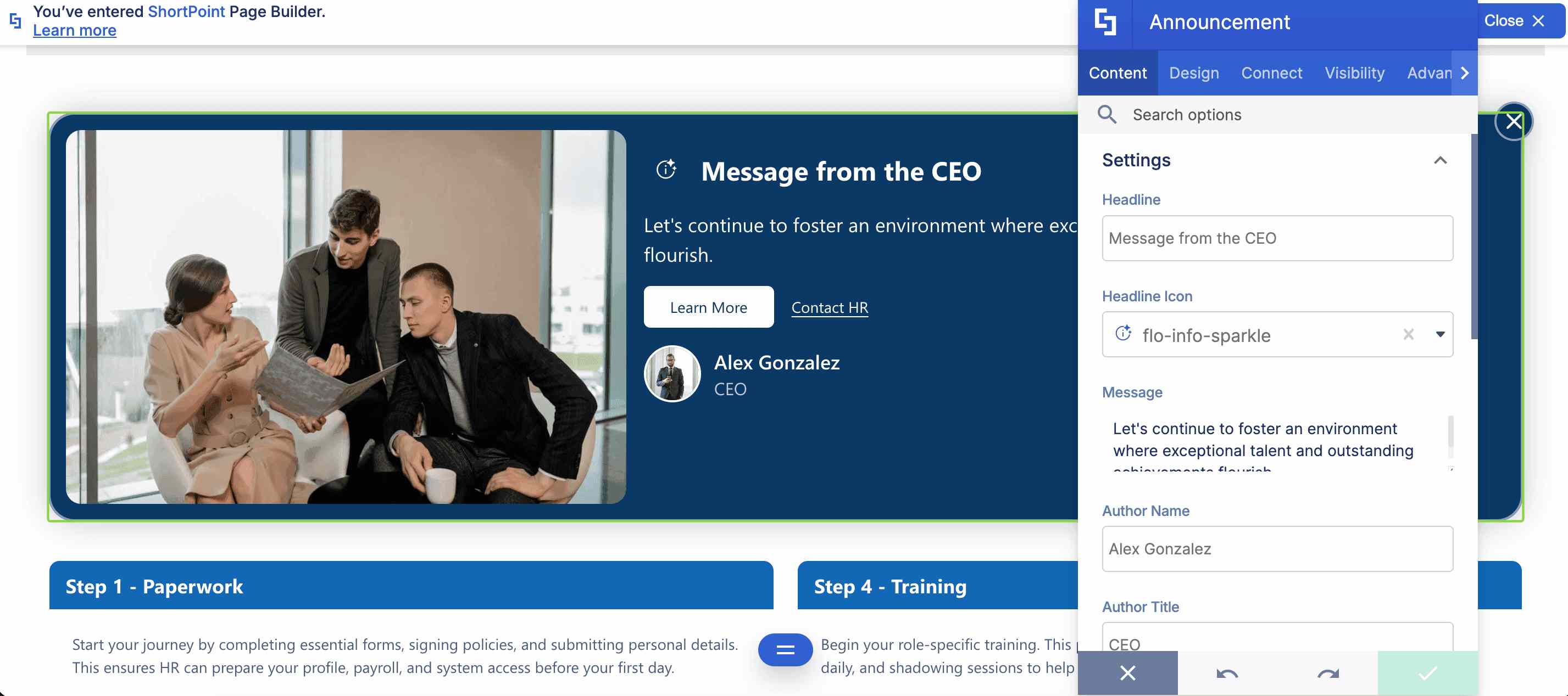 Customizing settings inside the Announcement Design Element content panel within the SharePoint Page Builder UI