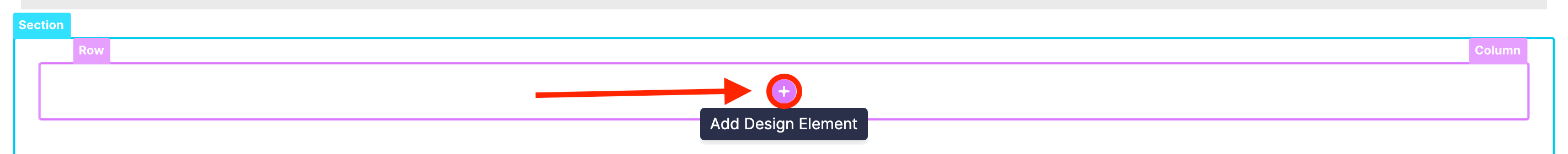 Clicking the plus icon to insert a new row element to the workspace canvas
