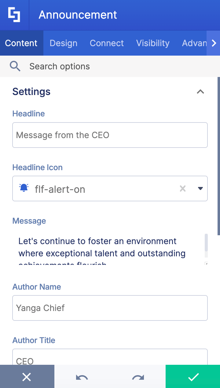 Configuring headline details, message parameters, and author biographies within the ShortPoint element content panel