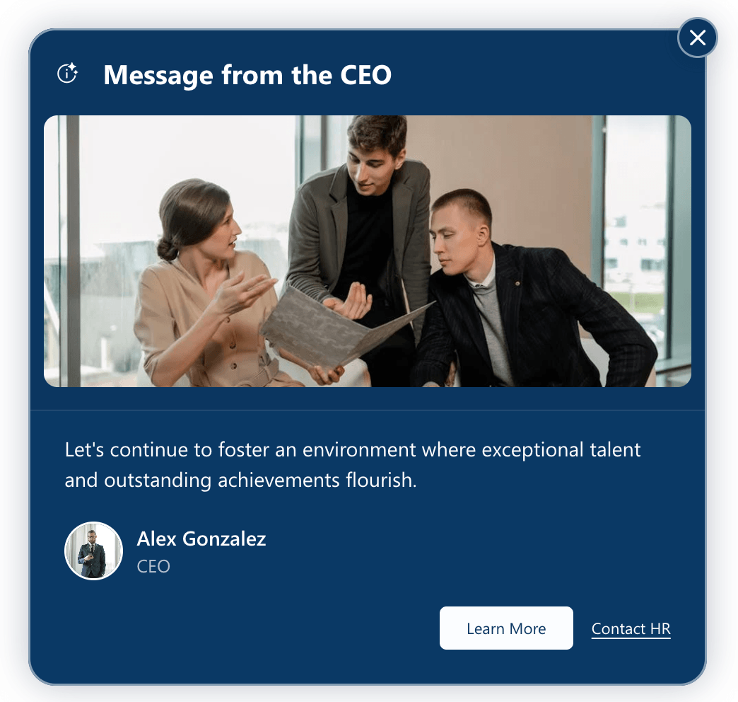 Visual display of an announcement using the vertical card Simple layout choice