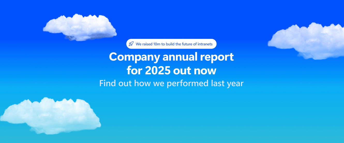 Custom blue header displaying an annual report announcement created with the Heading Design Element