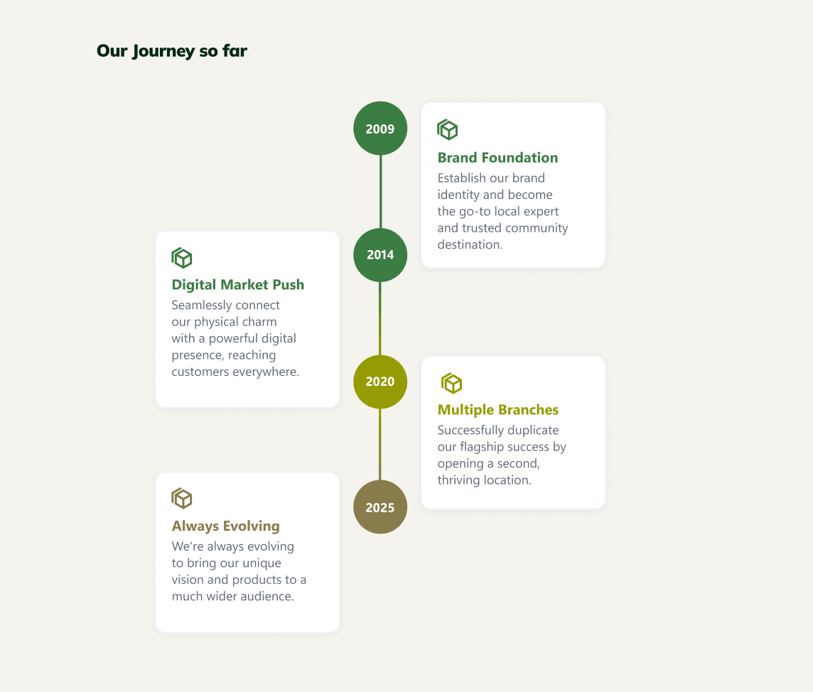 Vertical chronological roadmap layout showcasing company milestone achievements and project phases over multiple years
