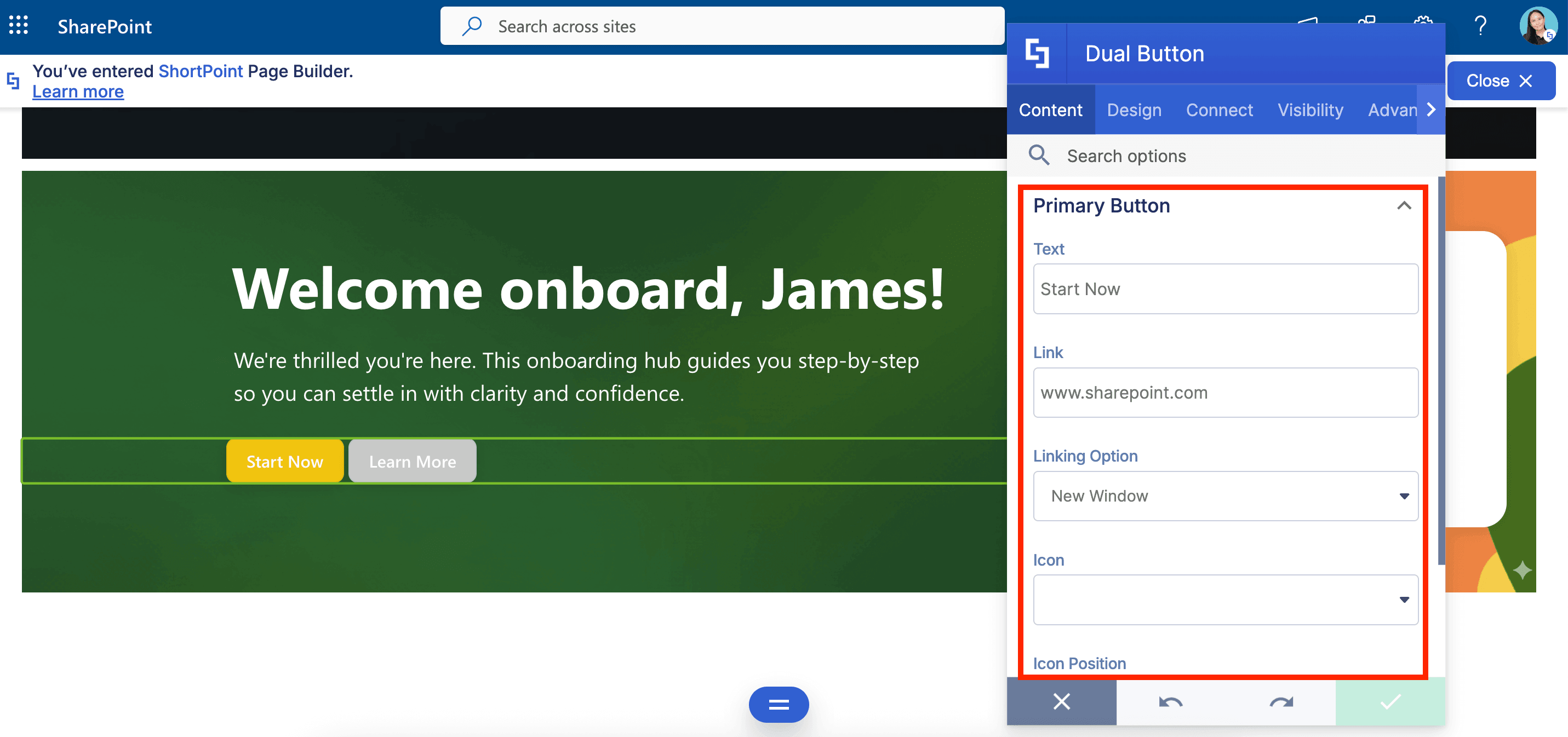 Customizing the text, link, and window options inside the Primary Button Content tab