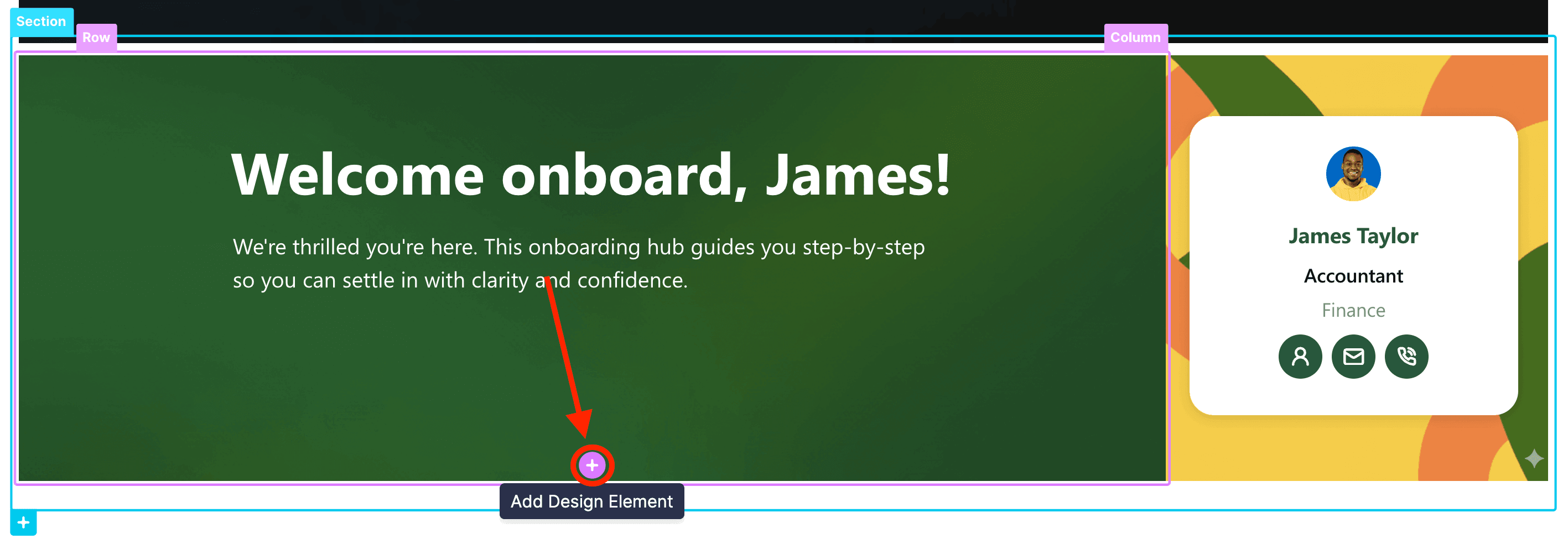 Clicking the purple plus icon to insert a new element