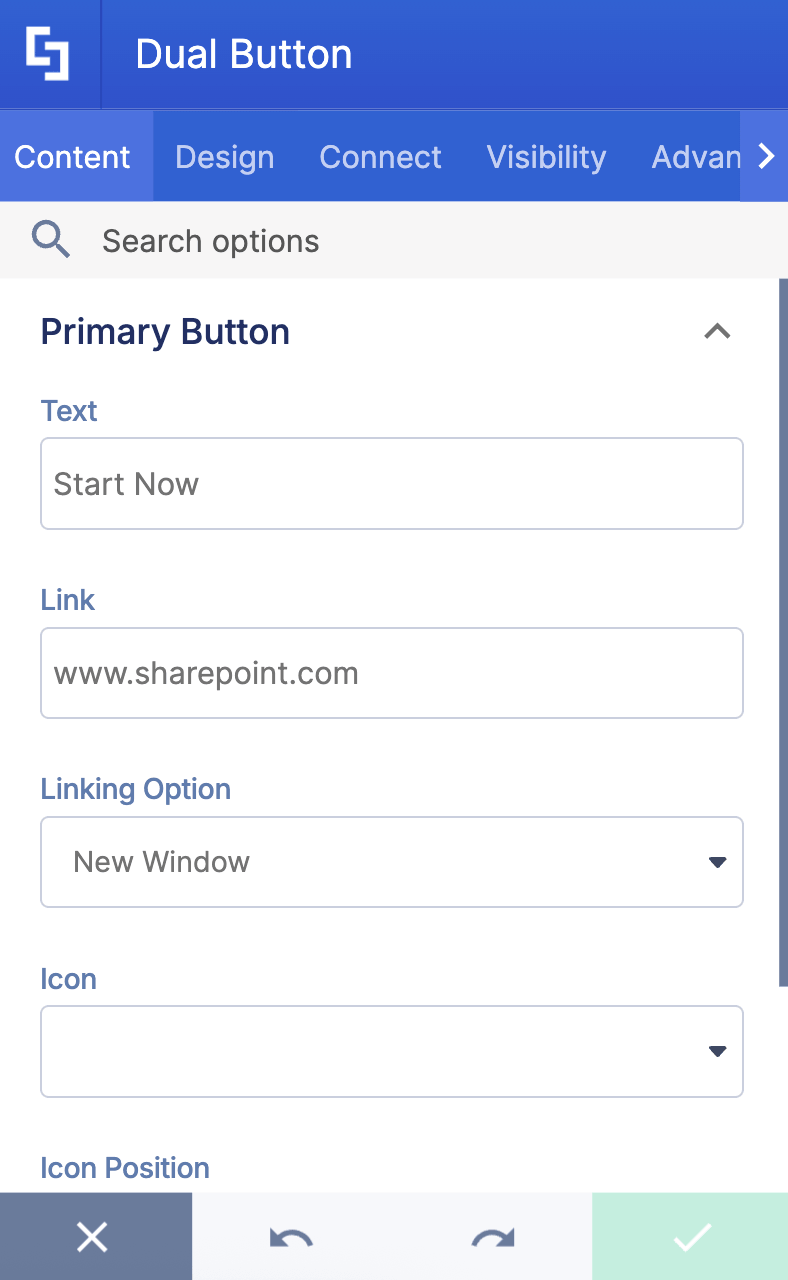 Showing all the customizations available inside the dual button content tab