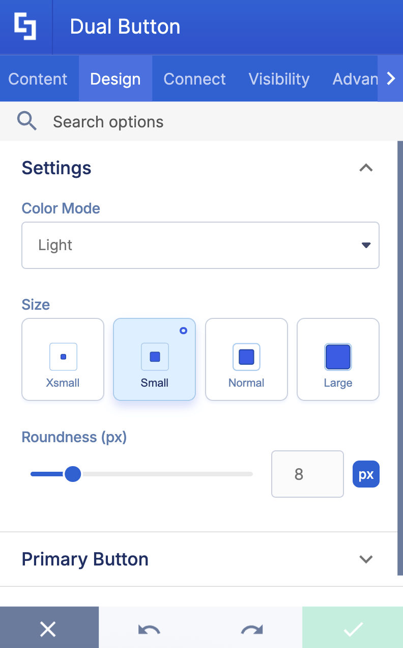 View the modifications you can do inside the dual button design tab