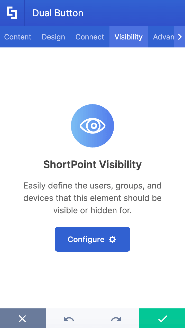 Show the visibility settings for the dual button design element