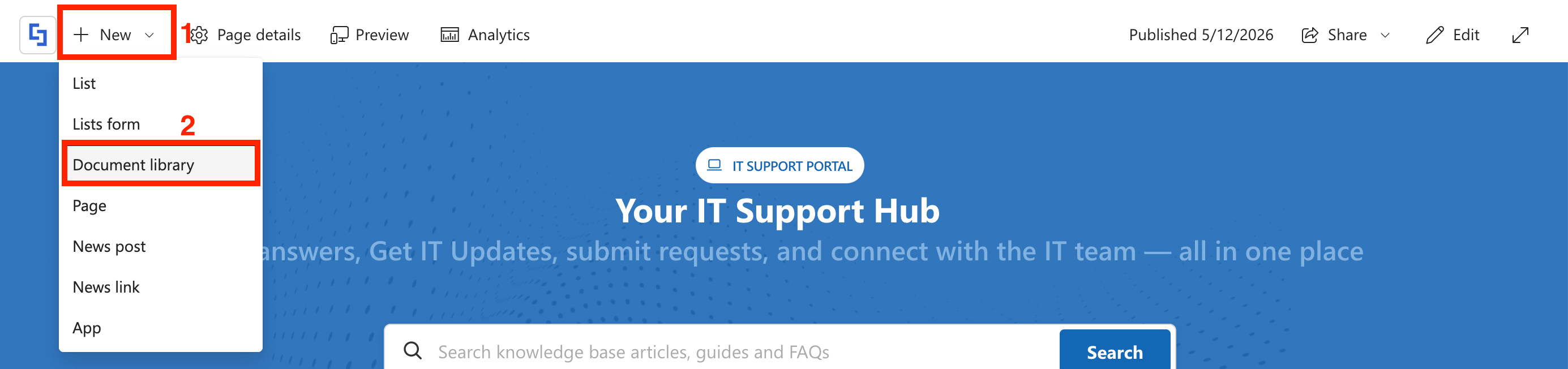 Clicking the New button and selecting Document Library from the dropdown menu in SharePoint