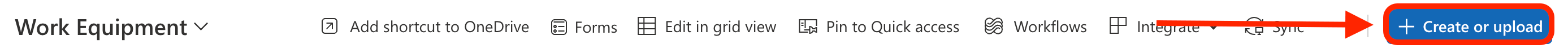 Clicking the Create or Upload action button within the Work Equipment library toolbar