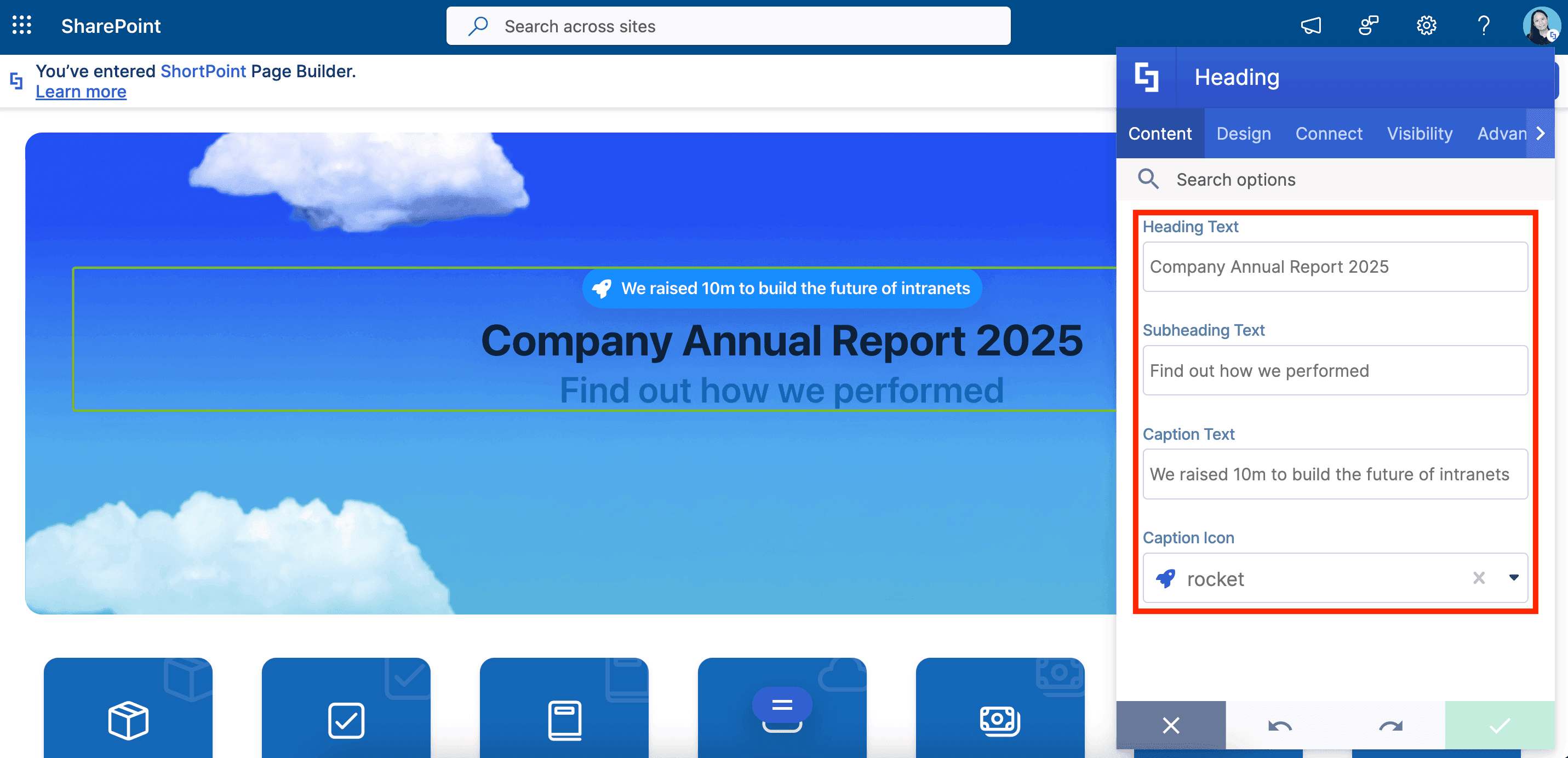 Customizing heading text, subheading text, and caption text fields in ShortPoint Page Builder