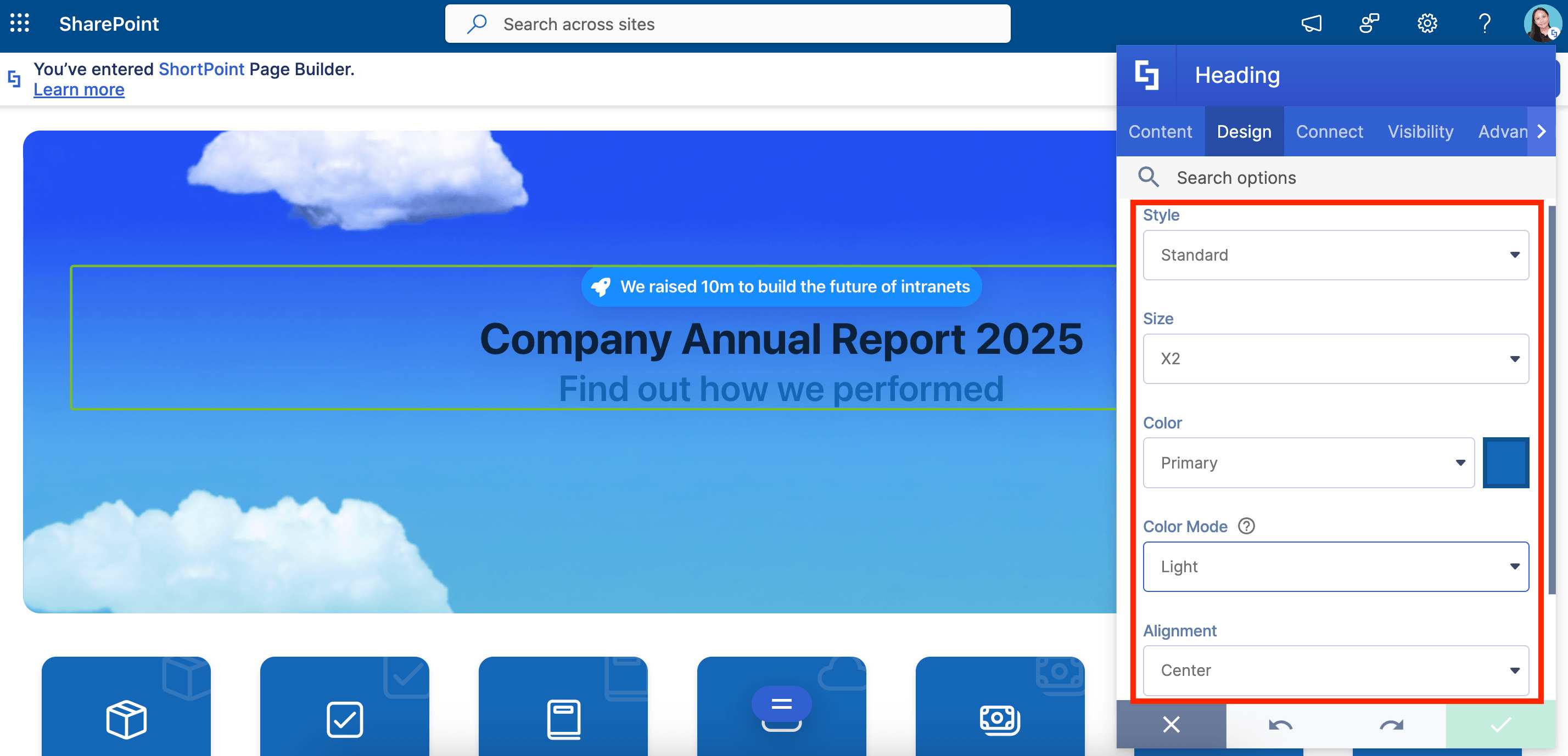 Adjusting heading style, size, color, and alignment options within the design tab