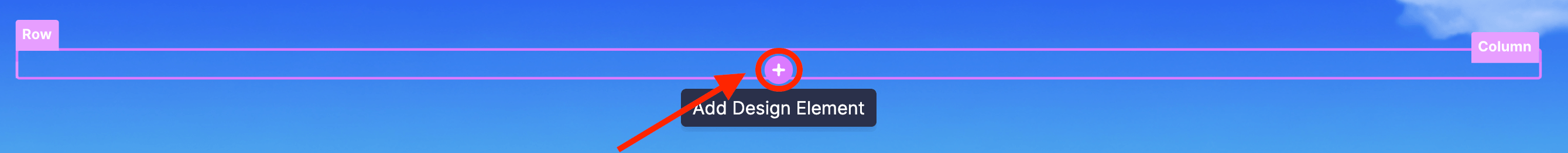 Clicking the plus icon within a column row to insert a design element