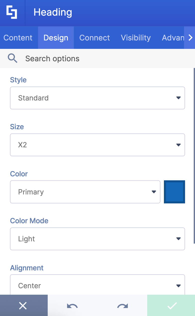 View of available style, size, color, and alignment configurations for headers