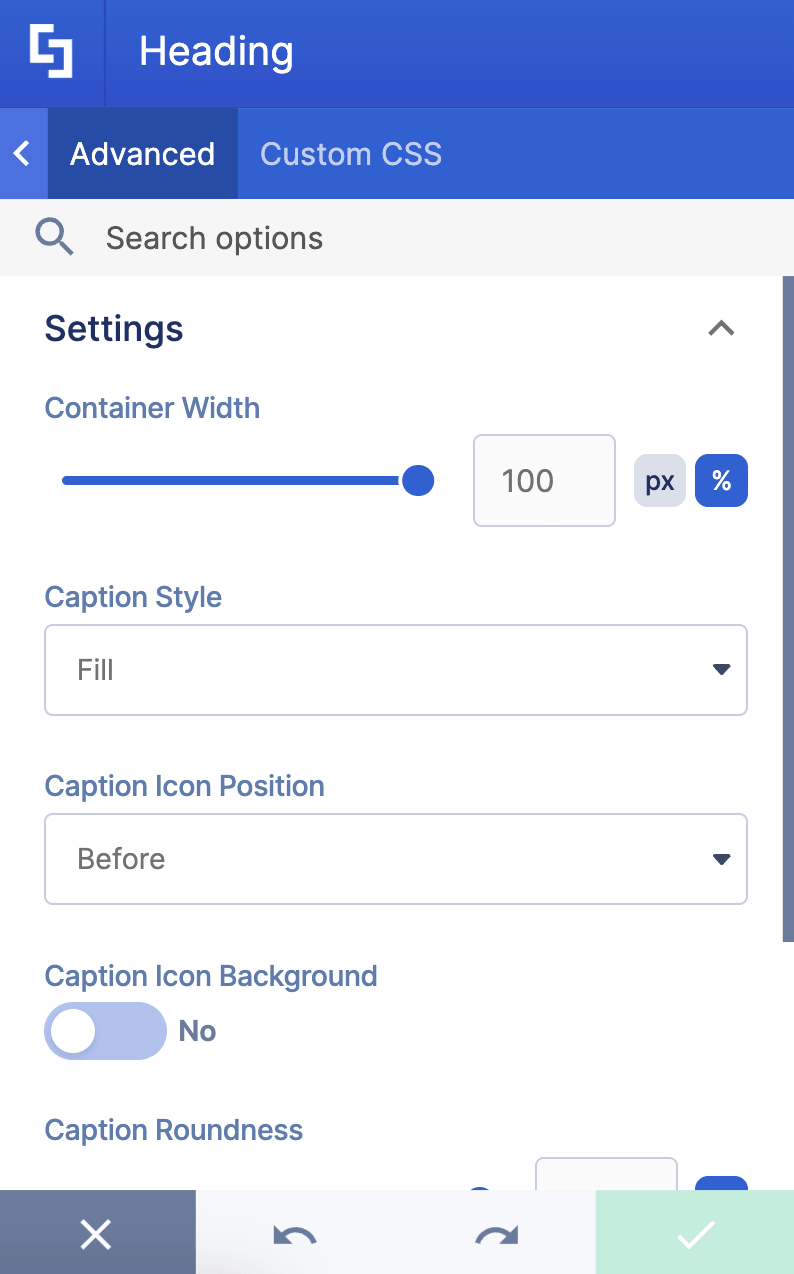 Accessing container width and caption style settings inside the Advanced tab