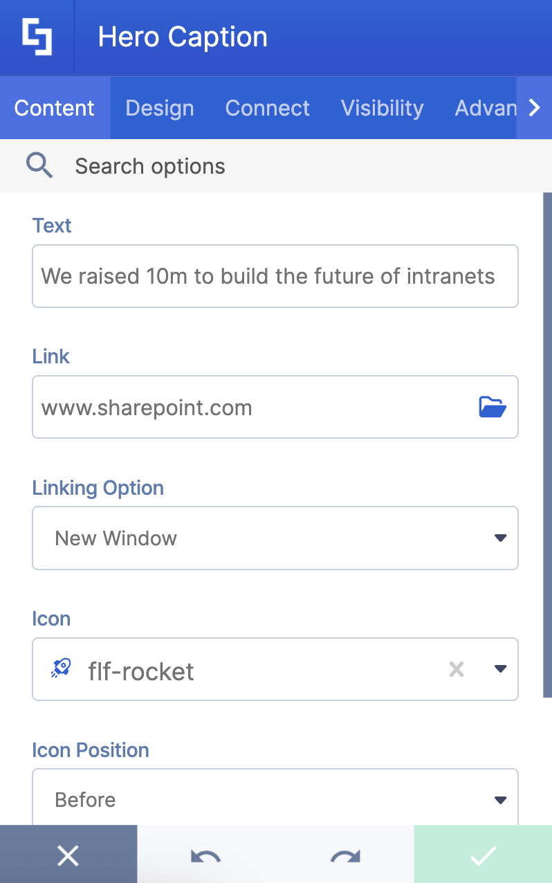ShortPoint Page Builder interface displaying configuration options for the Hero Caption content tab