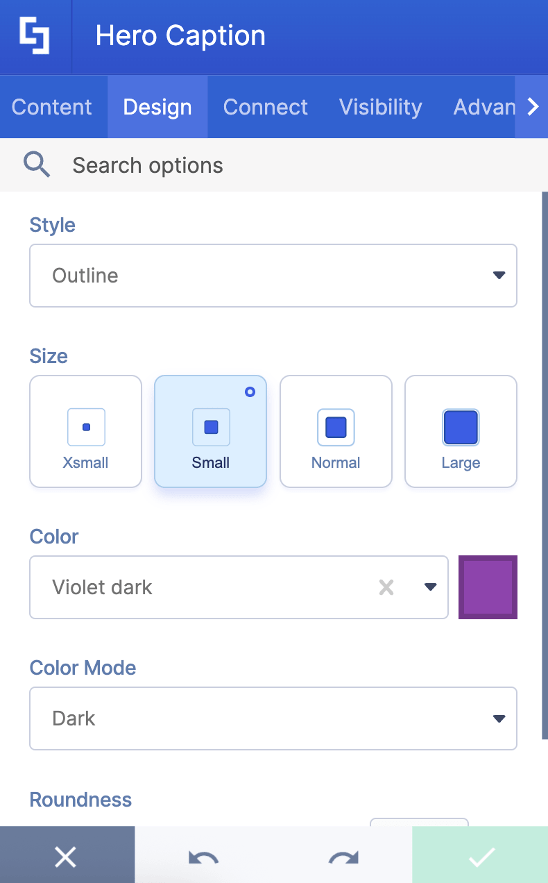 Customizing visual configurations in the Hero Caption design tab