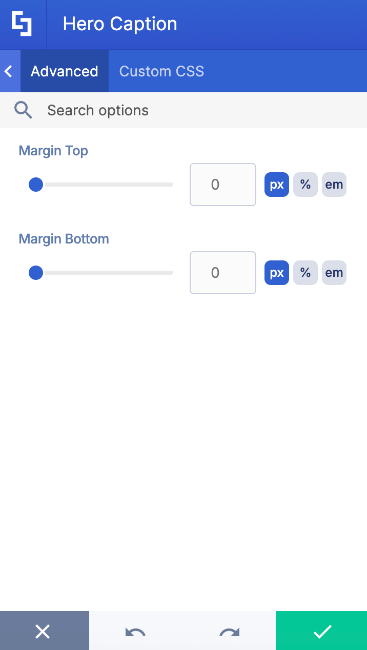 Modifying layout spacing and margins within the Hero Caption advanced settings panel