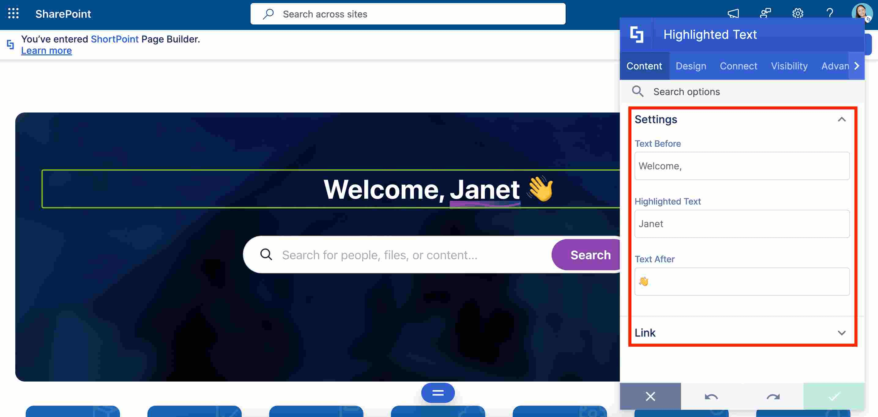 Editing content settings for the Highlighted Text Design Element inside the SharePoint Page Builder