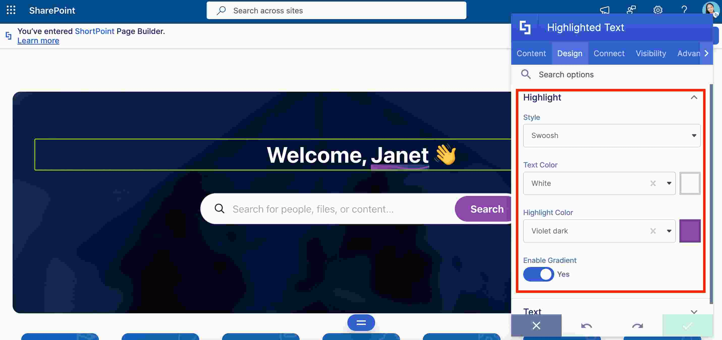 Customizing the highlight style and color settings in ShortPoint Page Builder
