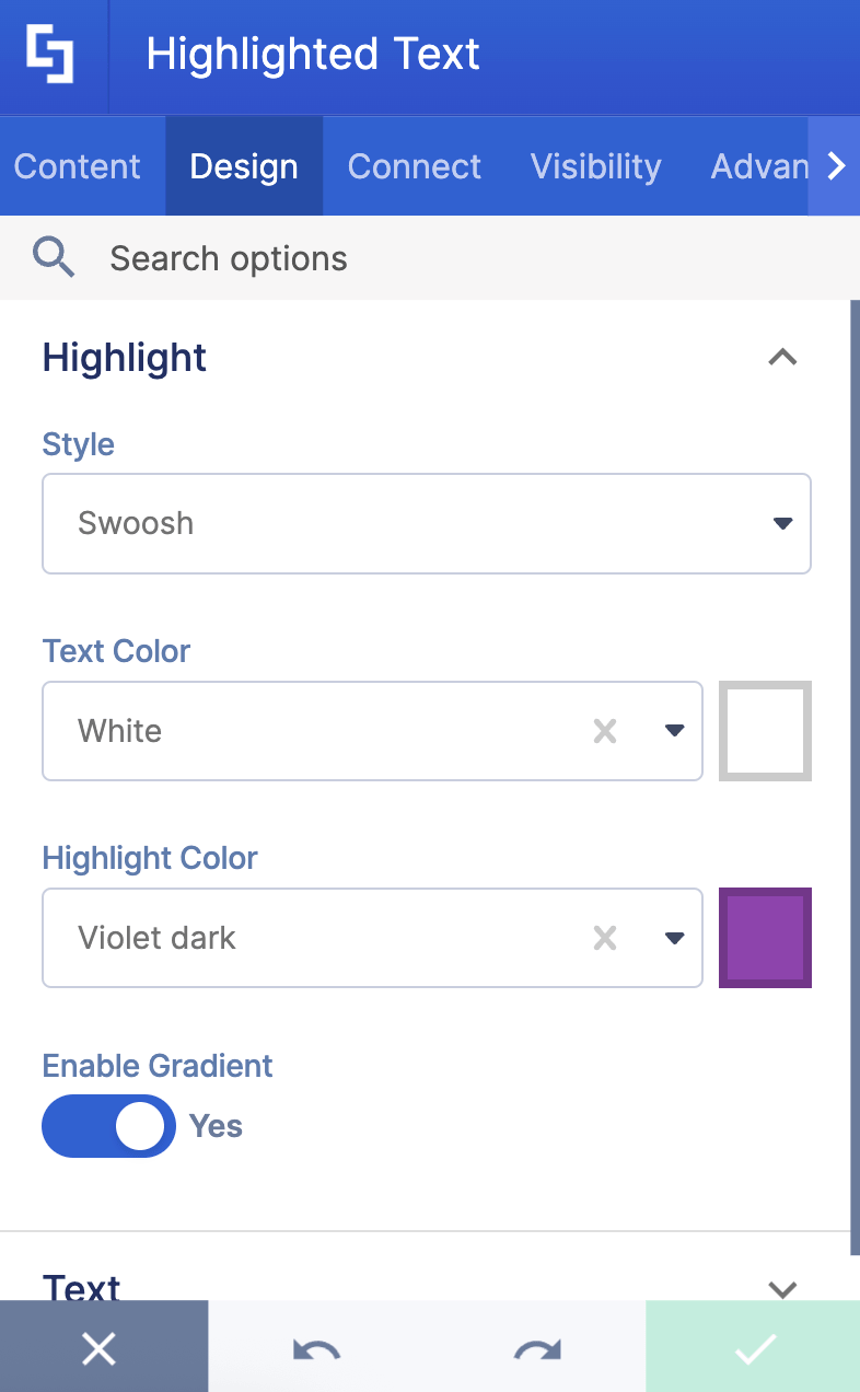 Configuring style, text color, and gradient options within the element design tab
