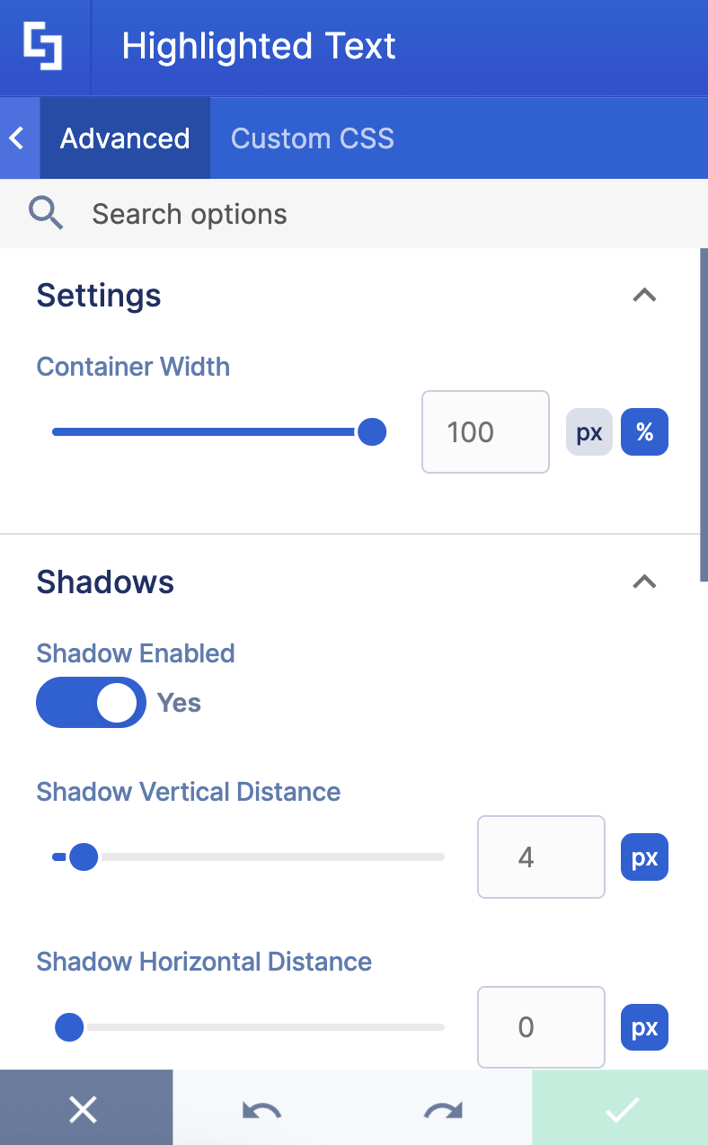 Tweaking custom container dimensions and drop shadow properties in advanced settings