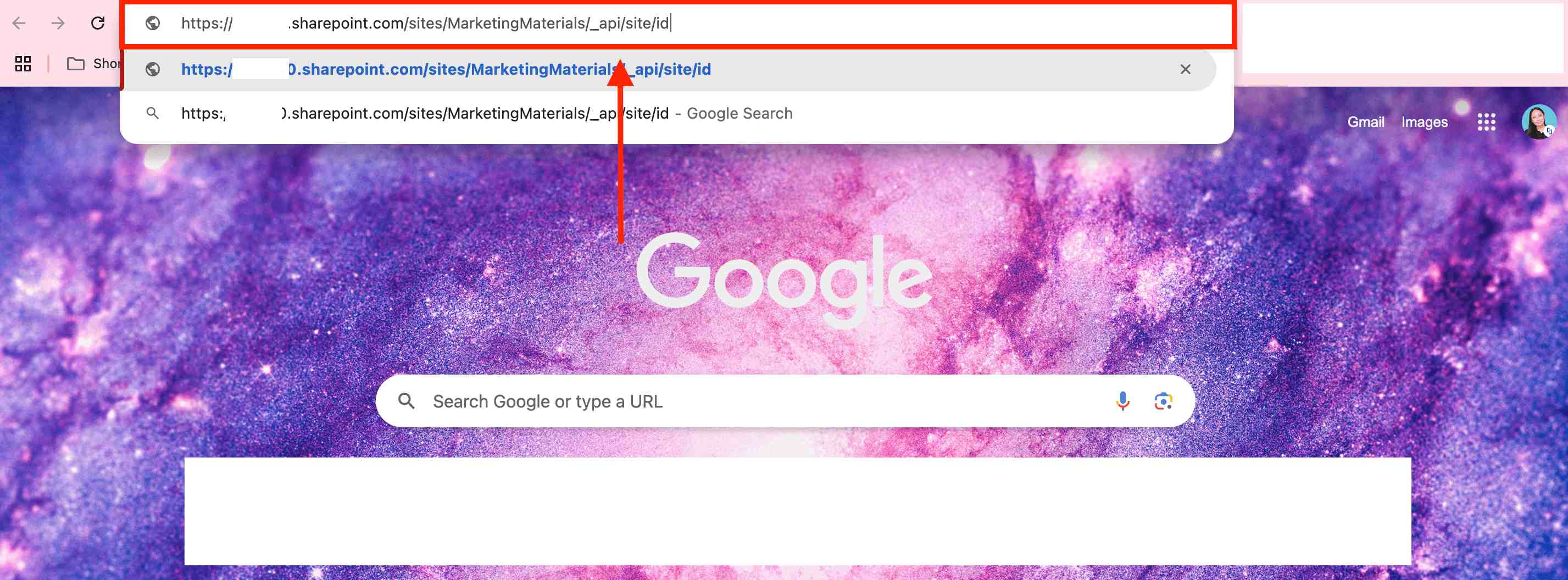 Pasting the URL into the browser address bar to find a SharePoint Site ID