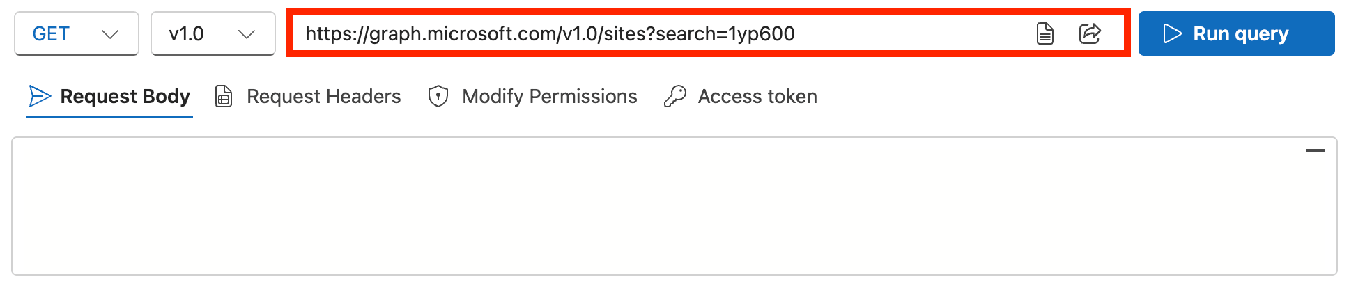 Inputting the Graph API search string to query a SharePoint Site ID