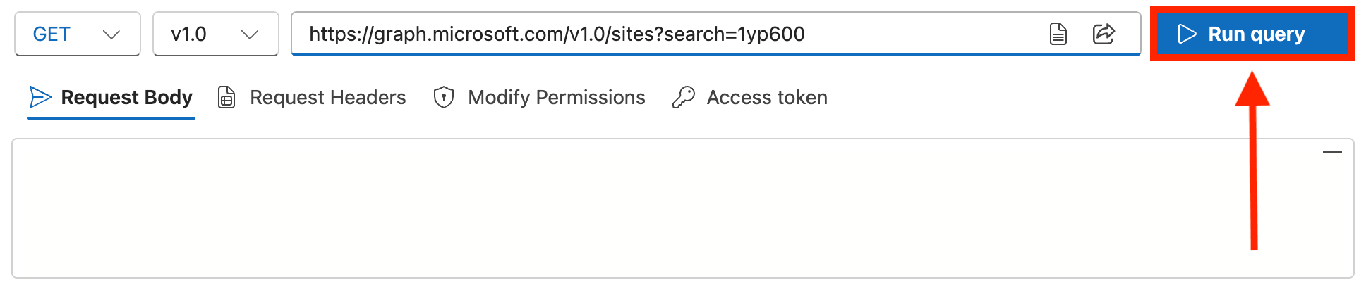 Clicking the Run Query action button in Graph Explorer for a SharePoint Site ID