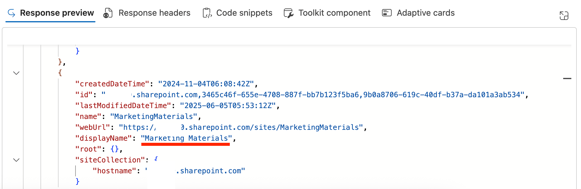 Reviewing the JSON response preview schema to find a specific SharePoint Site ID