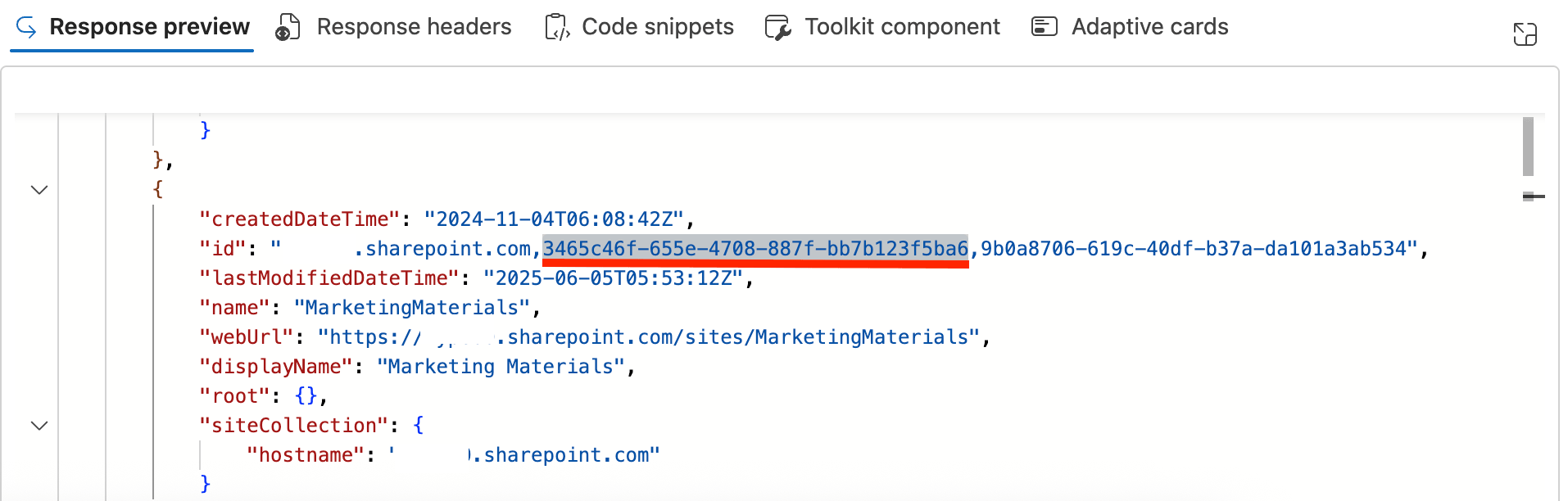 Copying the highlighted text string inside the Graph response for a SharePoint Site ID