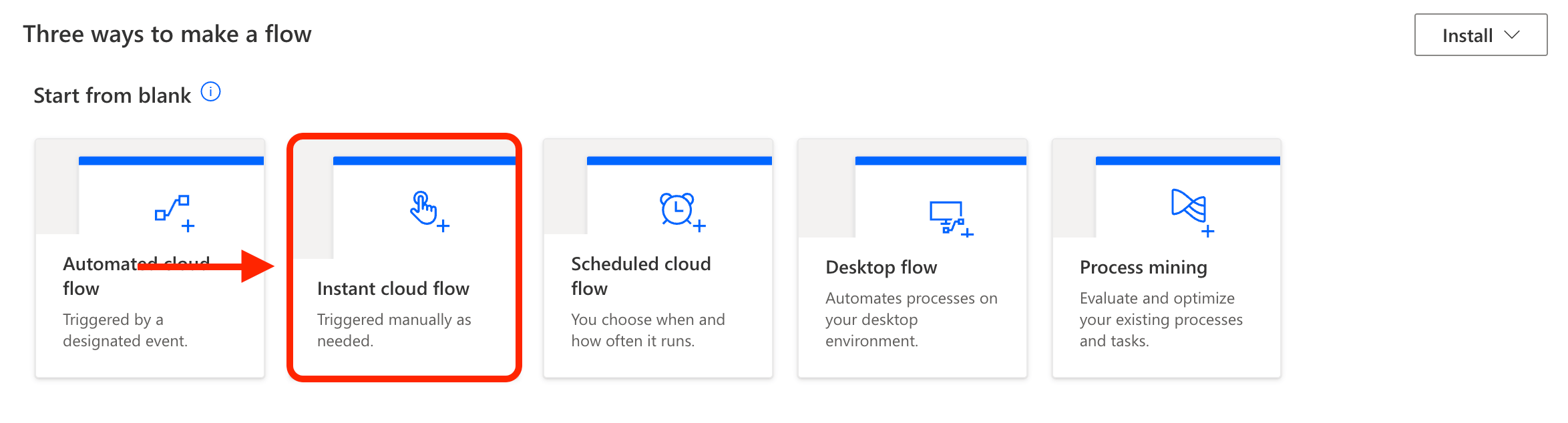 Selecting the Instant Cloud Flow trigger type to capture a SharePoint Site ID