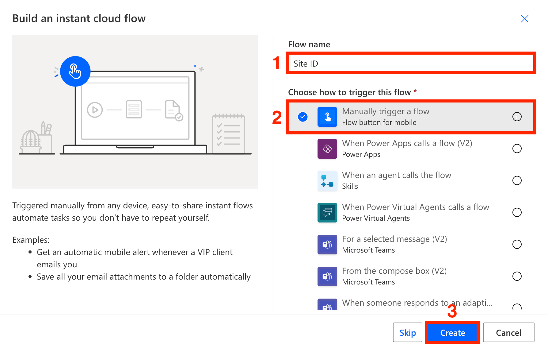 Naming the flow and setting a manual trigger for pulling a SharePoint Site ID