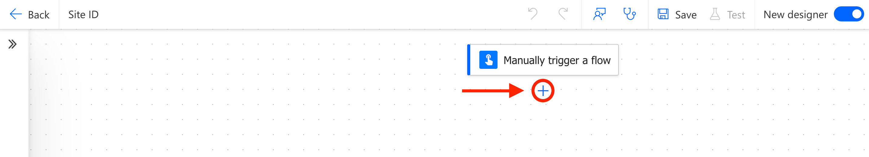 Clicking the insert action icon within Power Automate for a SharePoint Site ID