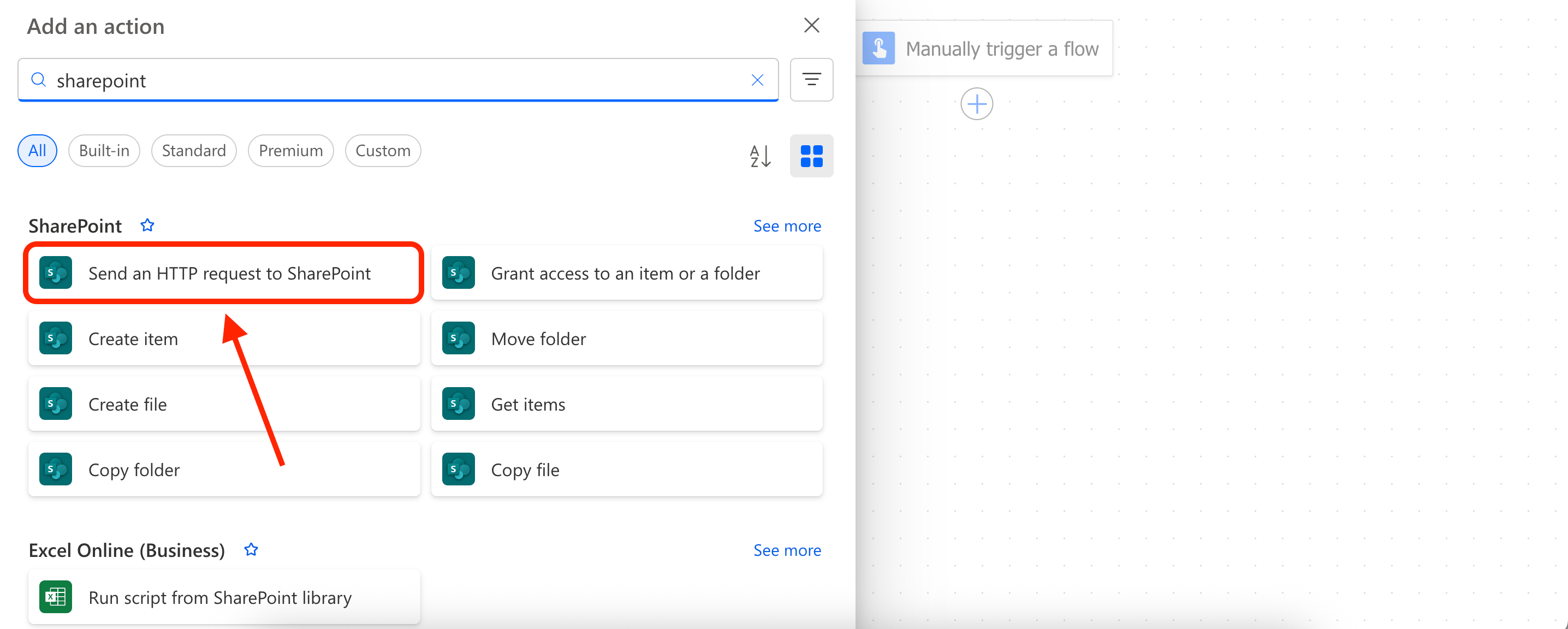 Choosing the Send an HTTP request to SharePoint action to obtain a Site ID