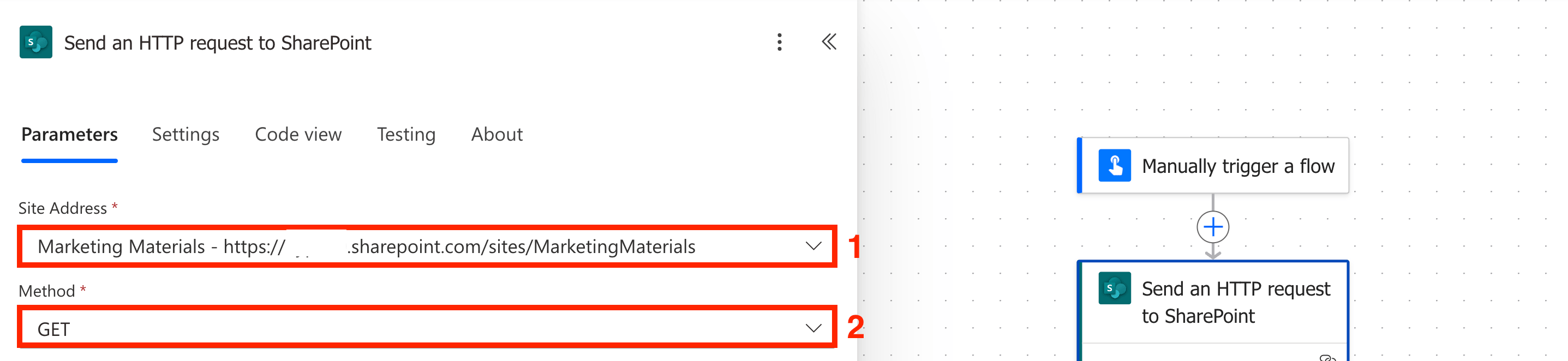 Setting the site address parameters and GET method for a SharePoint Site ID