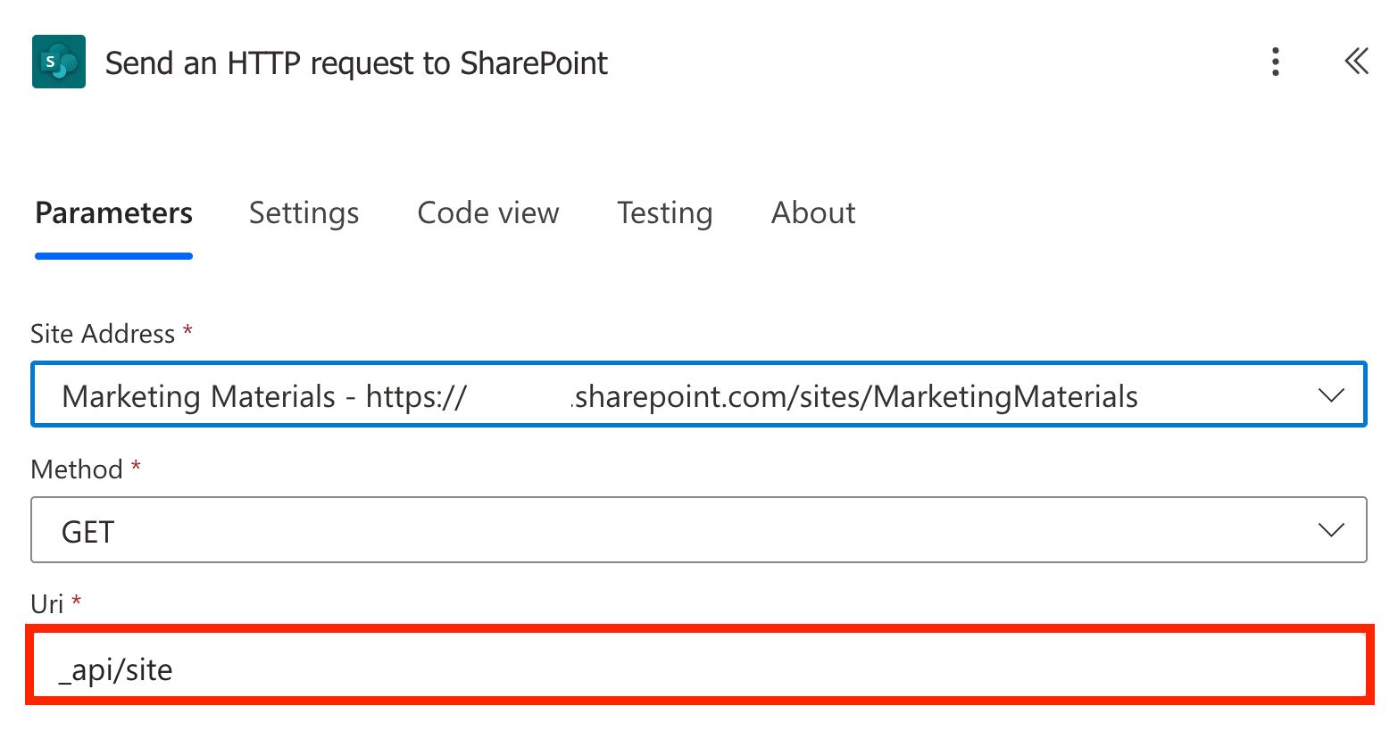 Entering the specific API endpoint into the Uri field for a SharePoint Site ID