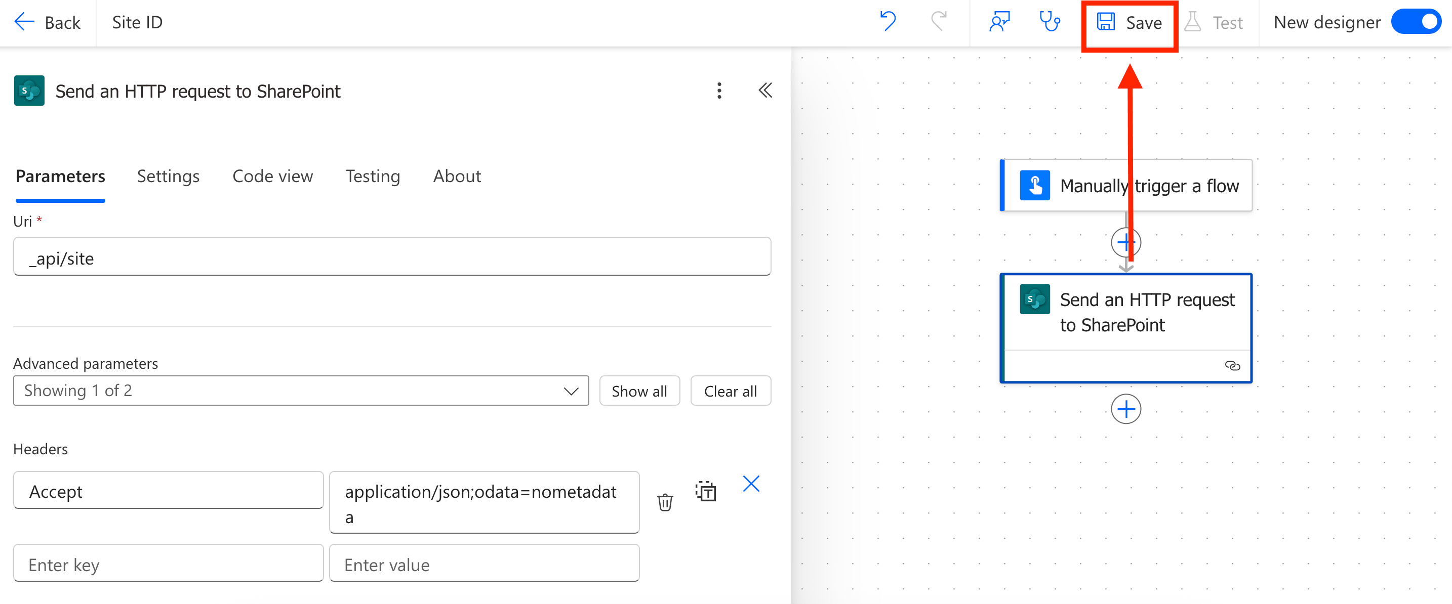 Clicking the flow designer save button after defining a SharePoint Site ID request