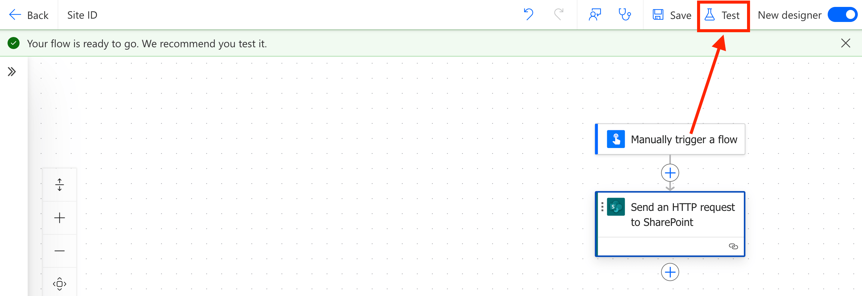 Selecting the test icon inside Power Automate to evaluate a SharePoint Site ID
