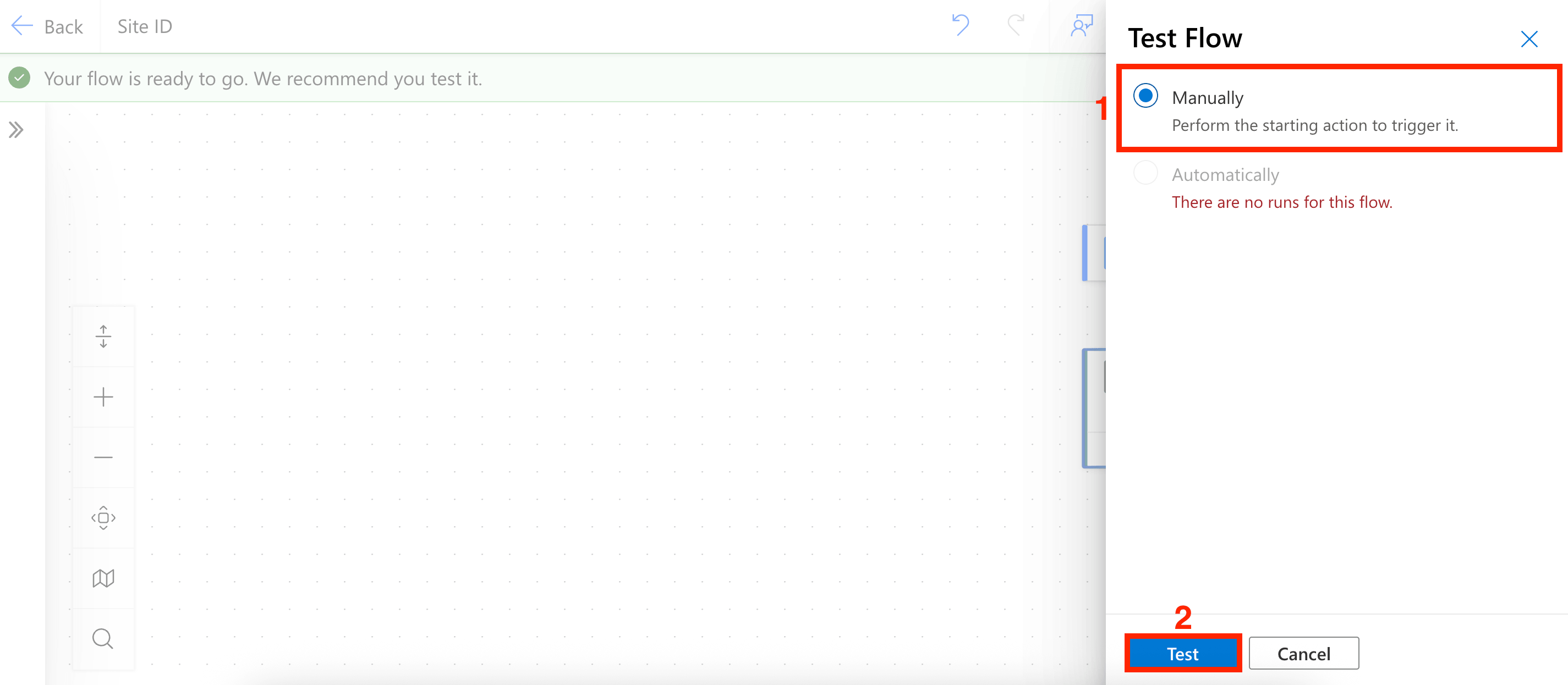 Selecting the manual execution option to check for a SharePoint Site ID