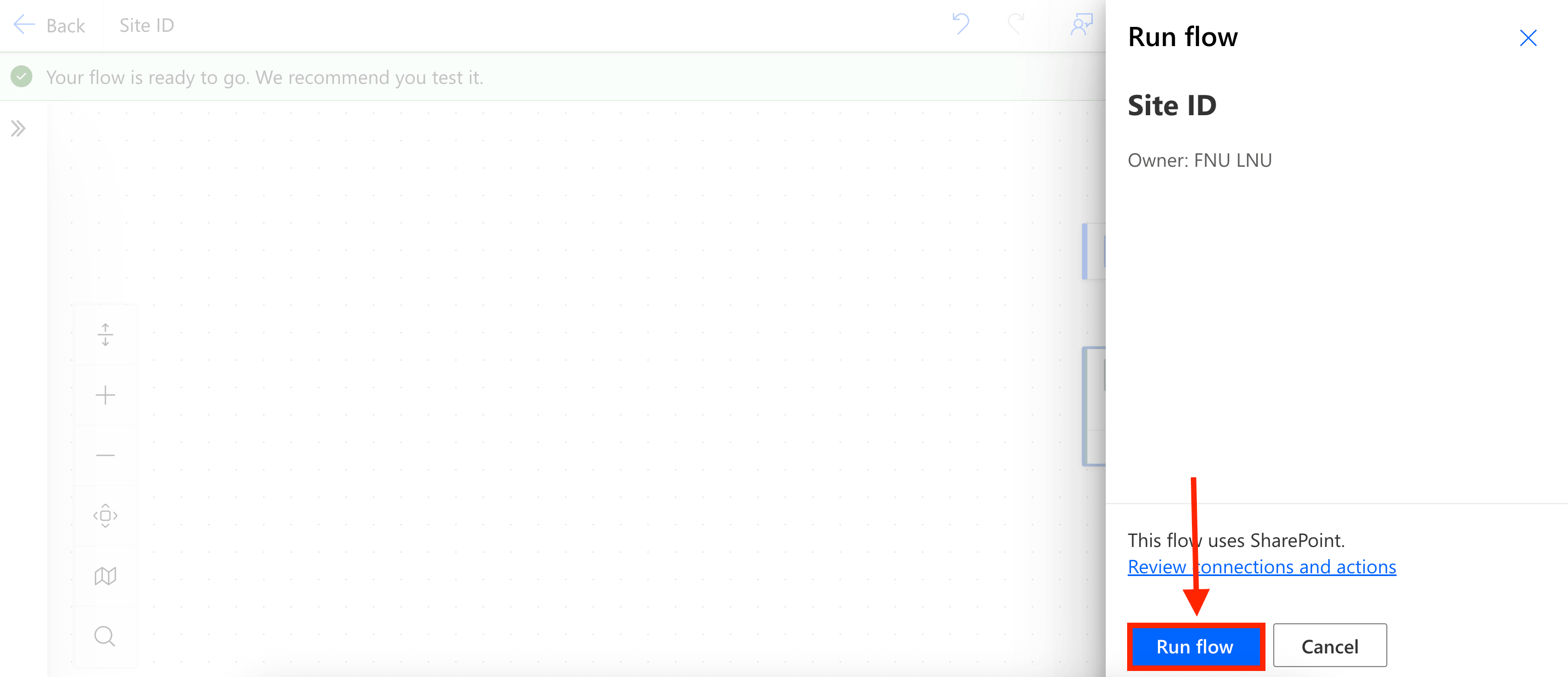Confirming the automation run to successfully discover a backend SharePoint Site ID