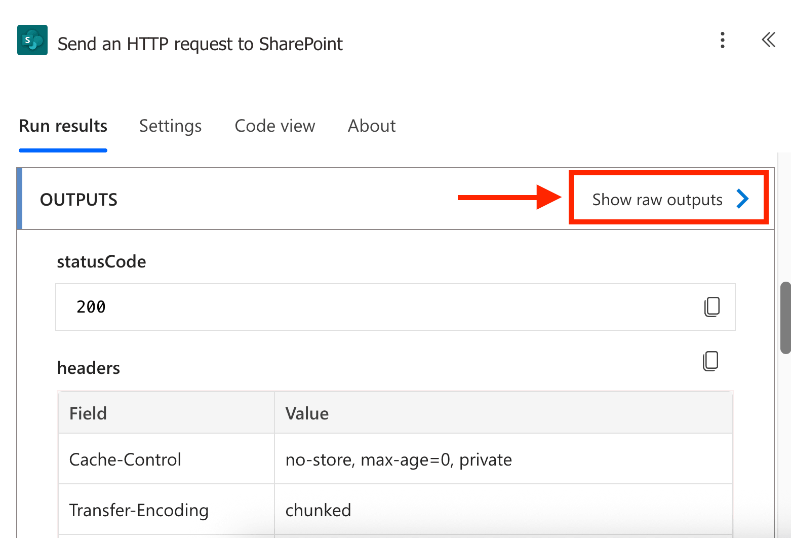 Clicking the Show Raw Outputs link inside Power Automate for a SharePoint Site ID