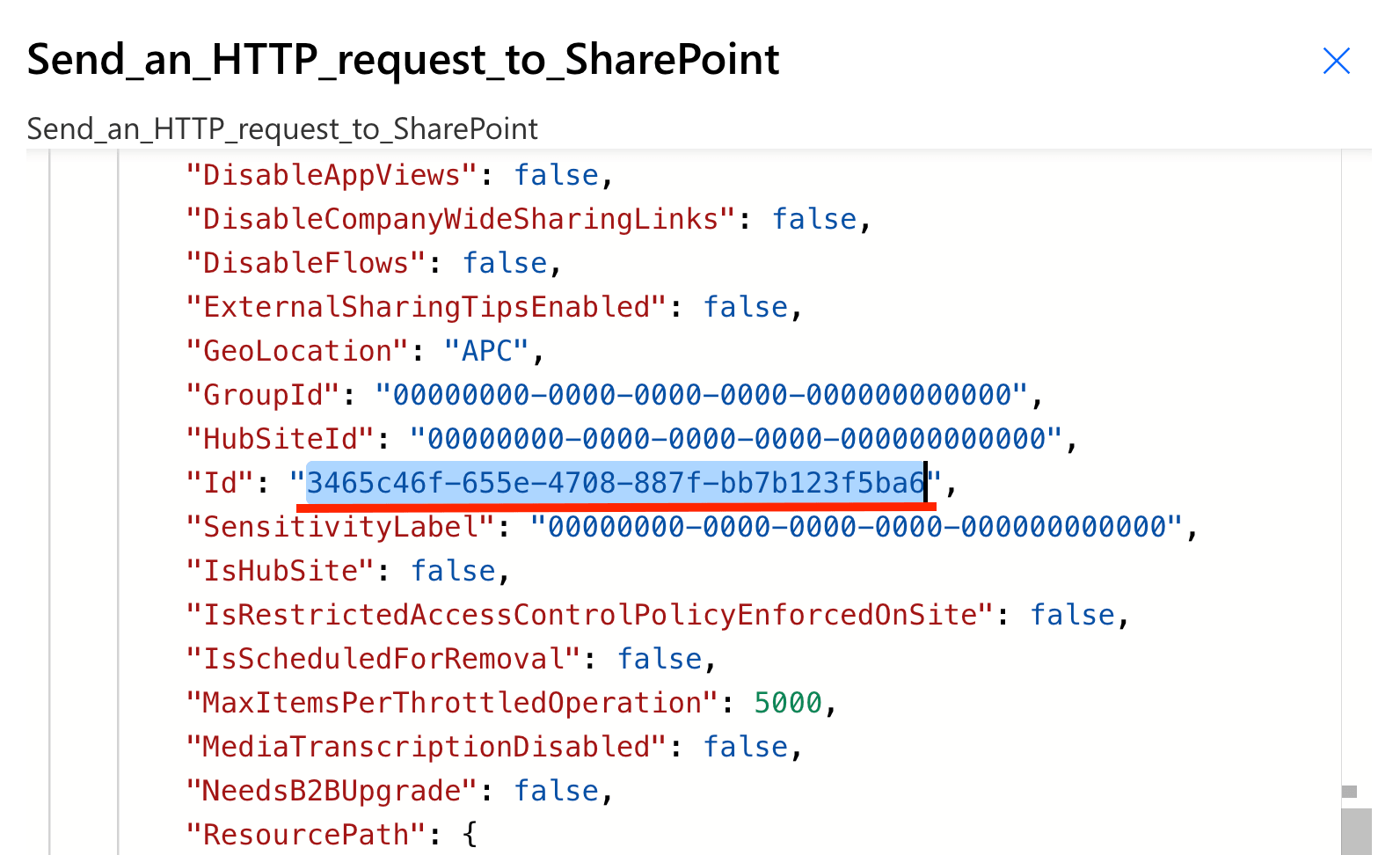 Extracting the text value from the raw JSON payload for a SharePoint Site ID