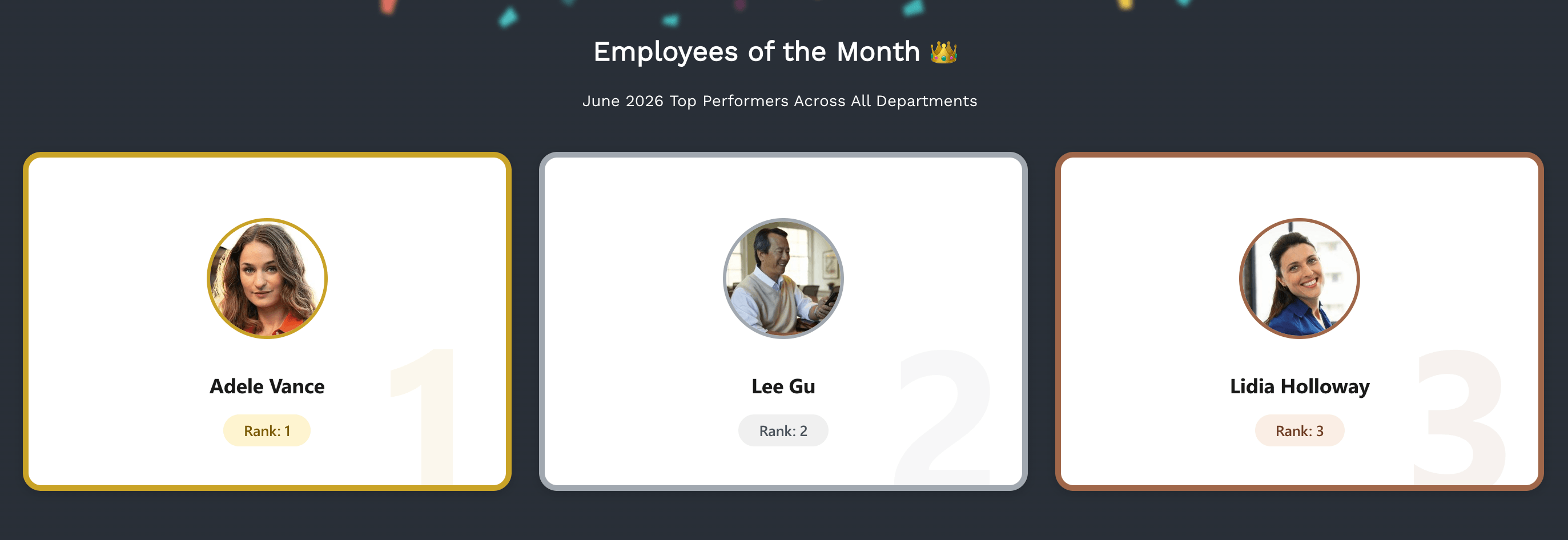 Finished example of an Employees of the Month section using Person Cards on a SharePoint page