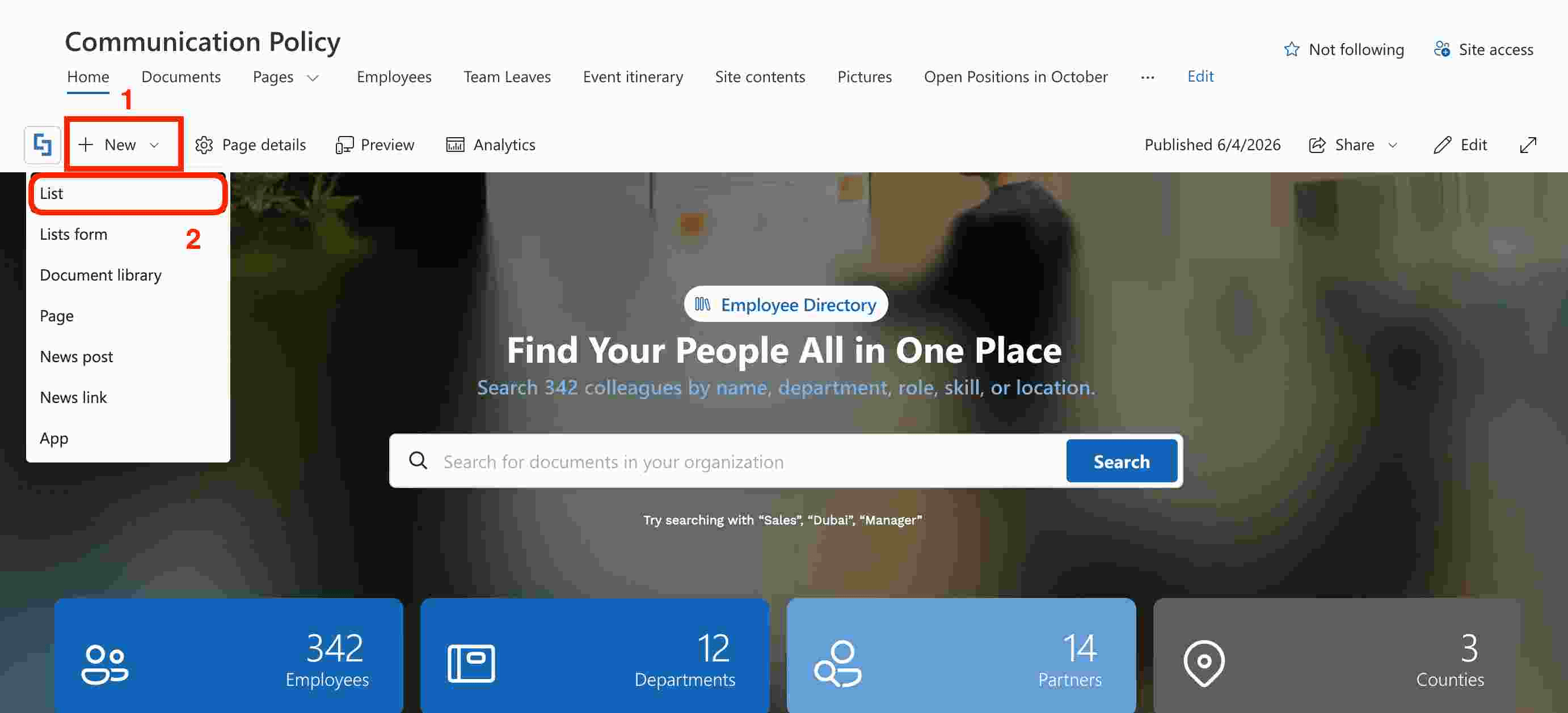 Clicking the New button and selecting List to create a SharePoint Employee of the Month list