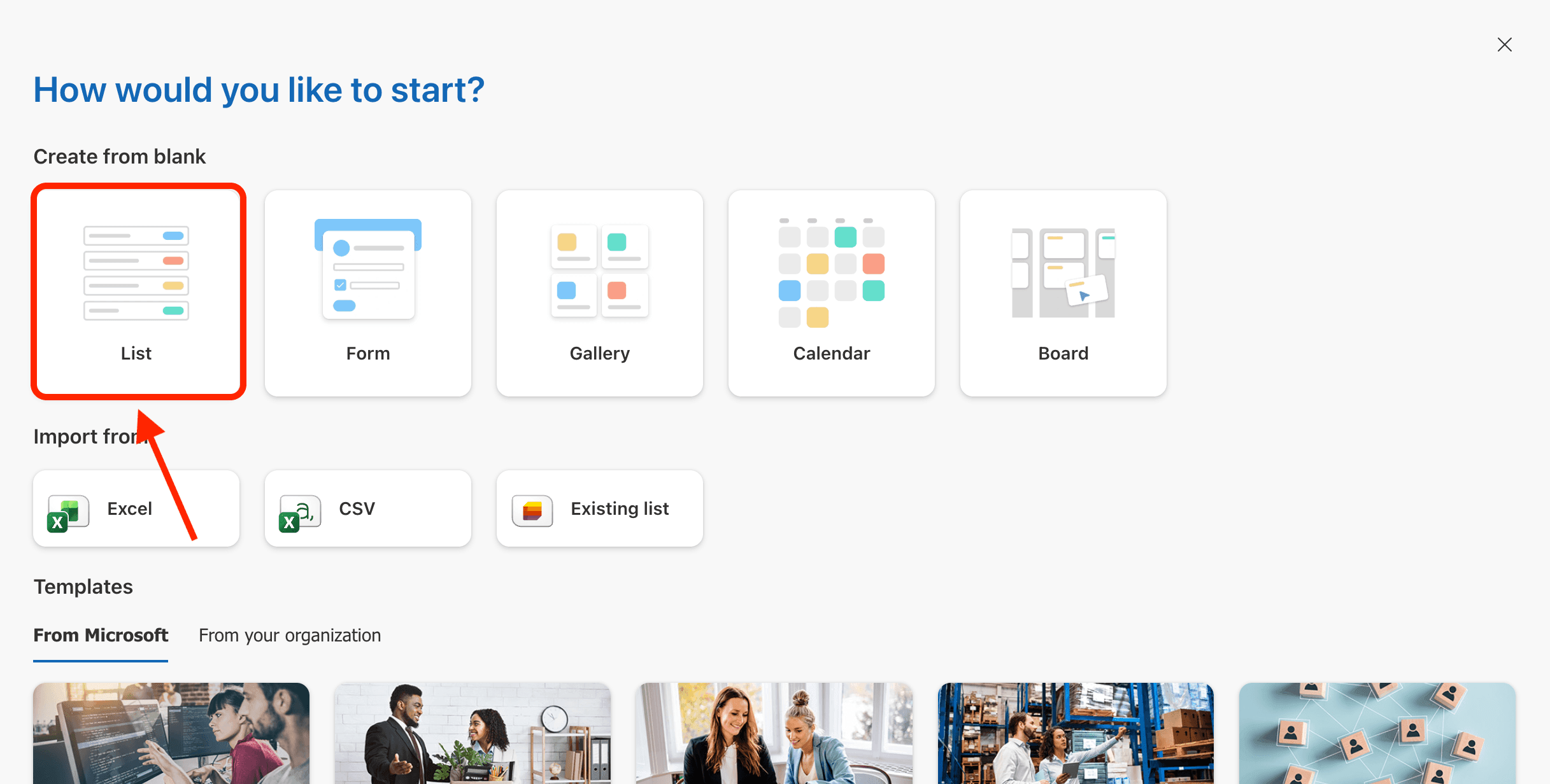 Selecting the blank List option to start building a new EOM list