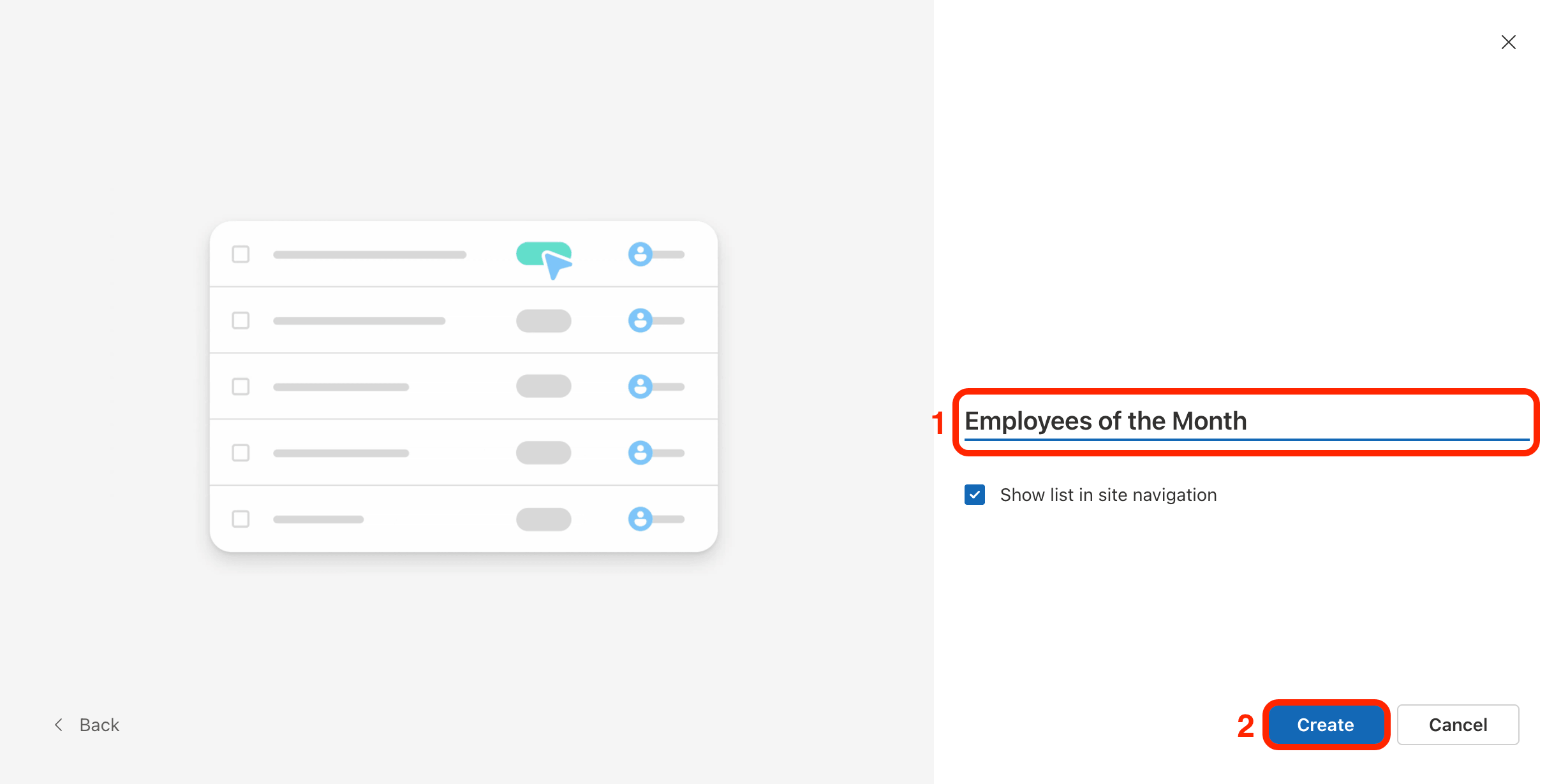 Naming the new SharePoint list and clicking the Create button to finalize setup