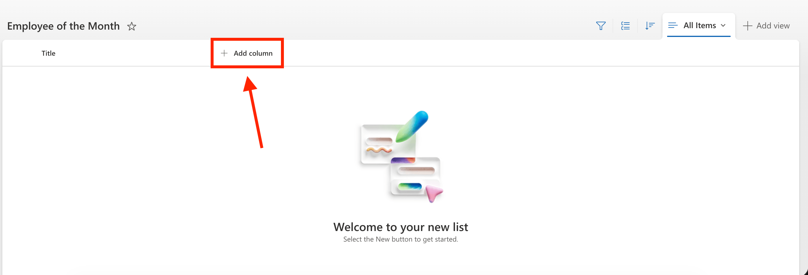 Clicking the add column option inside the new SharePoint Employee of the Month list