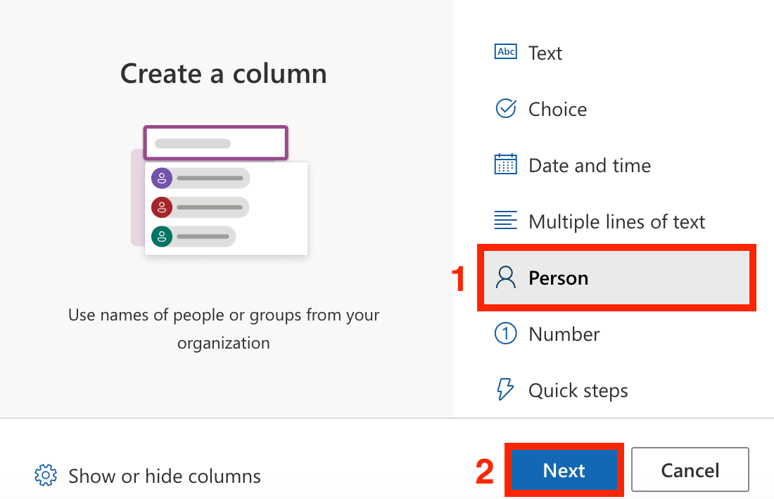 Choosing Person column from the available data type choices in the SharePoint column menu