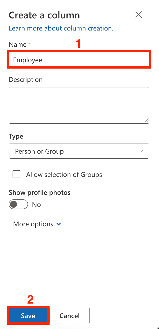 Naming the person picker column as Employee and clicking Save in the settings panel